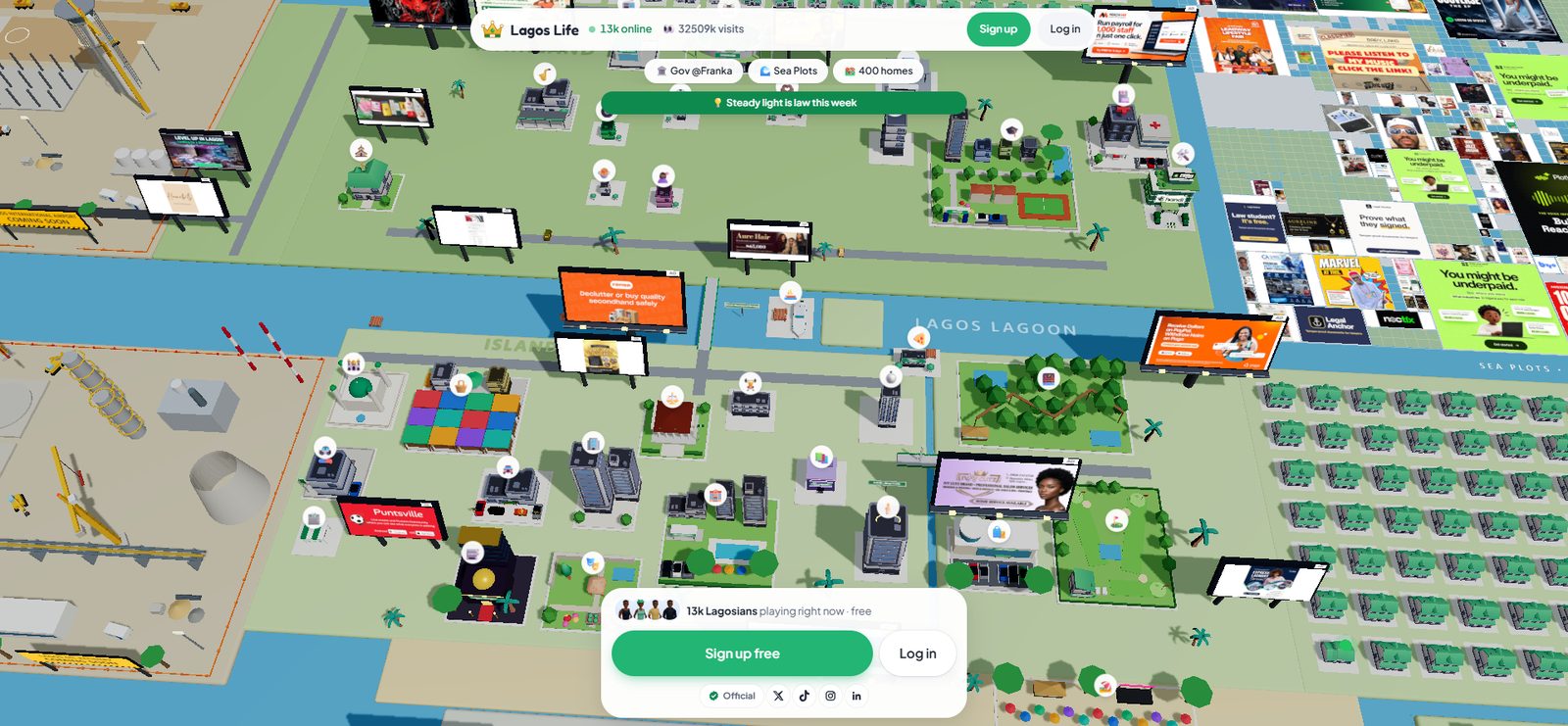 In-game view of Lagos island towers and the lagoon, with player avatars on the streets
