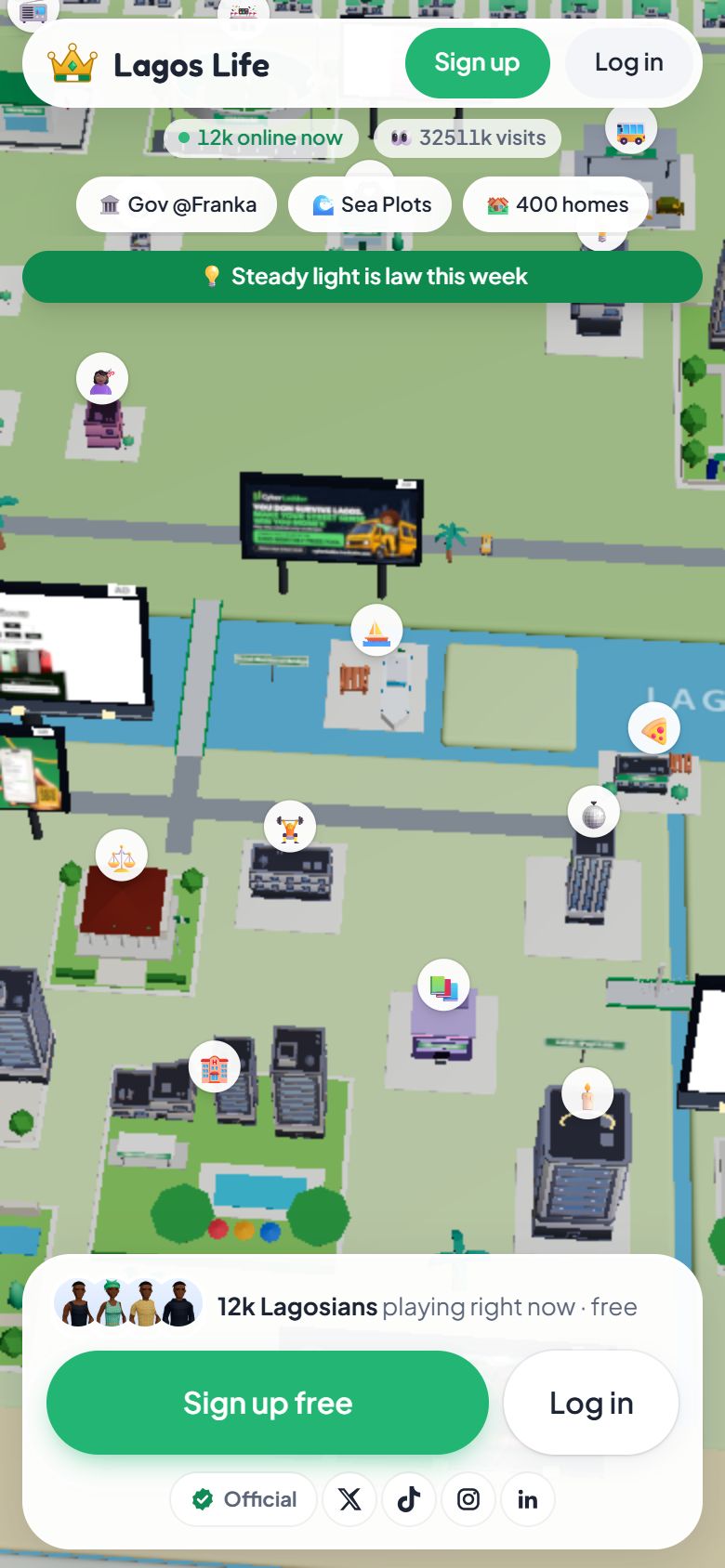 LagosLife running on a phone: the city map and online player counter