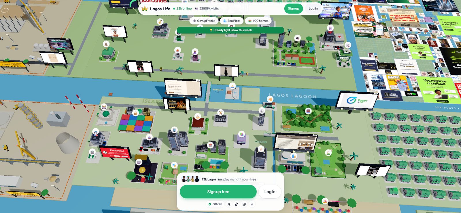 The in-game map of Lagos: the lagoon, the island towers, mainland streets and player avatars, seen from above